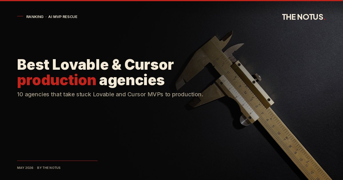 Brass vernier caliper isolated on a matte-black void under raking side light, beside the headline "Best Lovable and Cursor production agencies", for a ranking of agencies that take stuck Lovable and Cursor MVPs to production.