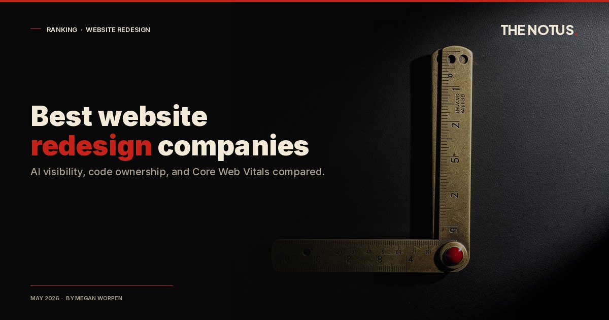 Single antique brass folding pocket ruler unfolded to a precise right angle, standing on edge against a matte-black void with a small vermilion enamel pin at the hinge, signalling the re-measurement and re-architecture that a website redesign actually requires.