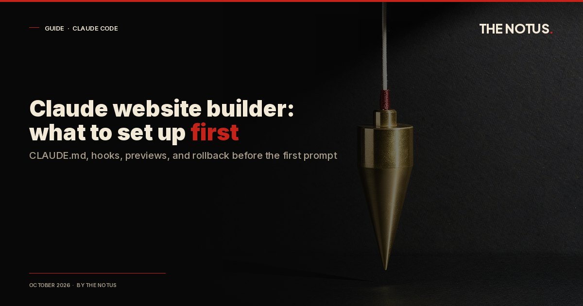 An antique brass plumb bob hanging still from a thin cord wrapped in vermilion thread on a matte-black void, beside the headline "Claude website builder: what to set up first", signalling a site kept true by guardrails set before the build.
