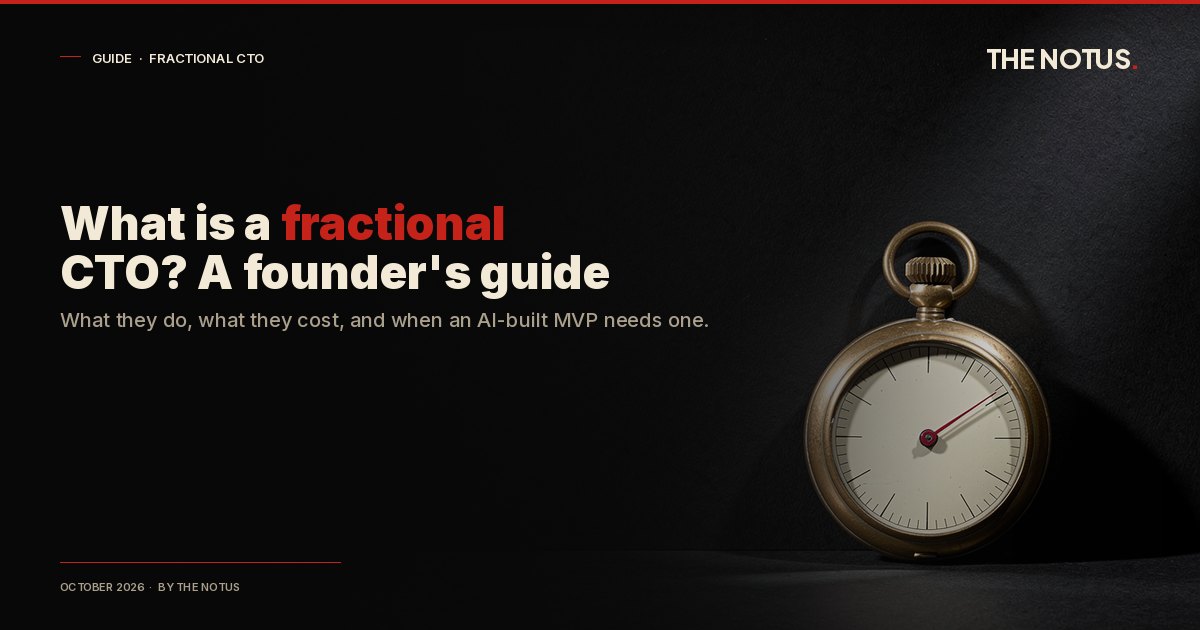 An antique brass stopwatch with a plain cream dial and a single vermilion second hand on a matte-black void, beside the headline "What is a fractional CTO? A founder's guide", signalling senior technical judgment bought by the slice of time.
